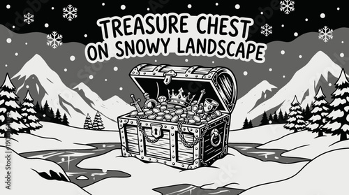 treasure chest overflowing with gold coins antique jewelry and valuable artifacts placed in snowy winter landscape representing wealth luxury discovery adventure mystery and hidden fortune