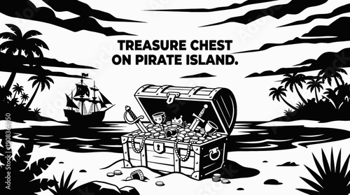 treasure chest filled with gold coins antique jewelry and historic artifacts buried on pirate island beach expressing wealth luxury discovery adventure mystery and legendary fortune