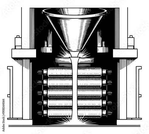 Vertical woodcut illustration of molten metal being poured through a funnel into industrial rolling machinery