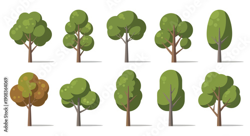 Set of Diverse Cartoon Trees, Various Shapes and Colors, Isolated on White Background