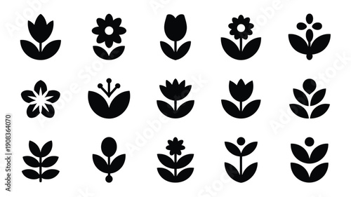 Minimalist black silhouette flower logos and icons design with various floral shapes and patterns on white background for branding or graphic design projects