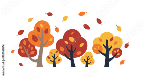 Autumn trees with falling leaves, vibrant colors, flat design illustration