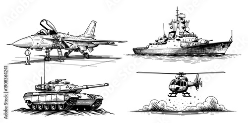 Set of military combat vehicles including jet fighter tank warship and helicopter in vintage style