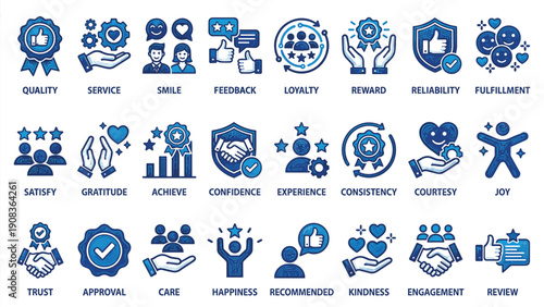 Blue vector icon set of customer satisfaction and feedback isolated on white background Modern business service symbols for quality loyalty and review