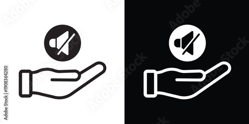 Minimalist hand holding a muted speaker icon. Concept for silence, no sound, quiet mode, and audio control. Clean black and white vector illustration for web and apps.