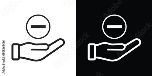 Hand holding a minus or remove sign icon. Concept of reduction, decrease, budget cuts, or deleting an item. Minimalist black and white vector illustration.