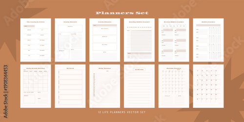 Set of minimalist monochrome abstract planners. Daily, weekly, monthly planner template. Blank printable vertical notebook page with space for notes and goals