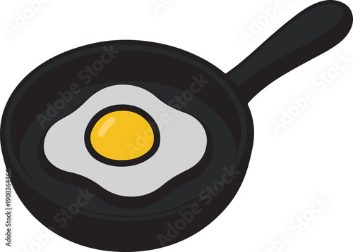 Cartoon fried egg in black frying pan breakfast food vector illustration