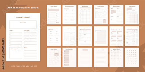 Set of minimalist monochrome abstract planners. Daily, weekly, monthly planner template. Blank printable vertical notebook page with space for notes and goals