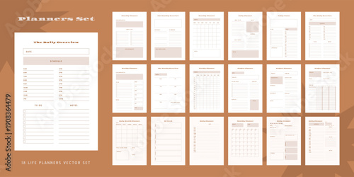 Set of minimalist monochrome abstract planners. Daily, weekly, monthly planner template. Blank printable vertical notebook page with space for notes and goals