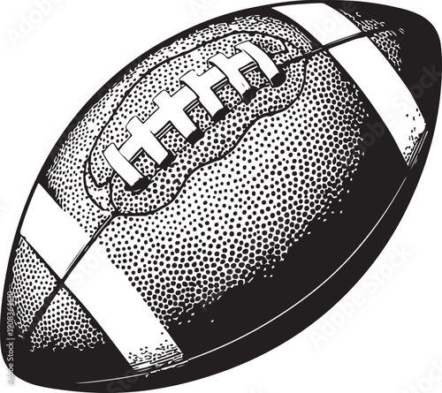 A detailed black and white illustration of a classic american football