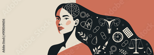 International Women's Health Day. Women's mental health. Woman with long hair, medical symbols uterus, heart, brain, scales, pills. Mindfulness, care. Vector illustration to awareness women's health