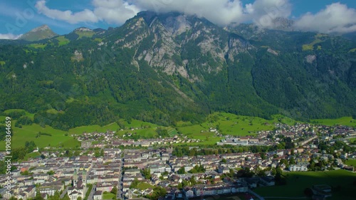 Aerial panoramic view of the city Glarus in Switzerland on a sunny day in summer.