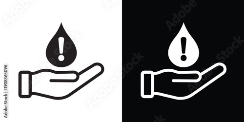 Hand holding a water drop with an exclamation mark. Concept of water scarcity, liquid warning, or chemical hazard. Clean black and white vector illustration.