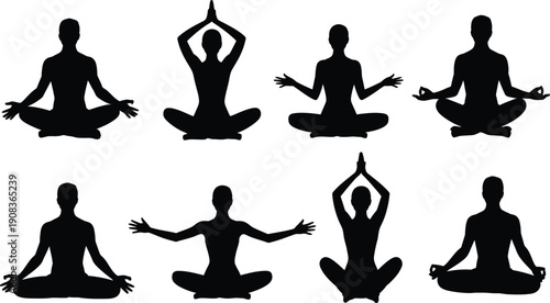 Meditation silhouettes icons pack, people practicing yoga and mindfulness exercises, peaceful sitting and stretching poses, mental health and harmony