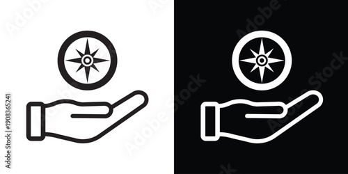 Hand holding a compass rose icon in black and white styles. Symbolizes guidance, strategic direction, navigation, and leadership. Ideal for business consulting, travel, and finding solutions.