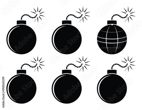 Six black cartoon bombs with lit fuses on a white background