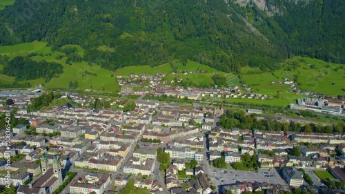 Aerial panoramic view of the city Glarus in Switzerland on a sunny day in summer.