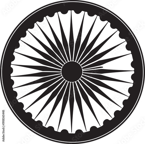 An intricately designed black and white ashoka chakra symbol with 24 spokes