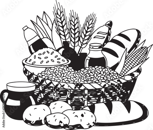 A bountiful assortment of breads, grains, and dairy products displayed on a rustic table