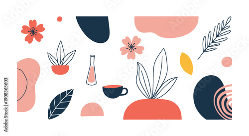 Assorted abstract shapes and plants arranged decoratively with minimalist elements and floral motifs in a modern flat design composition