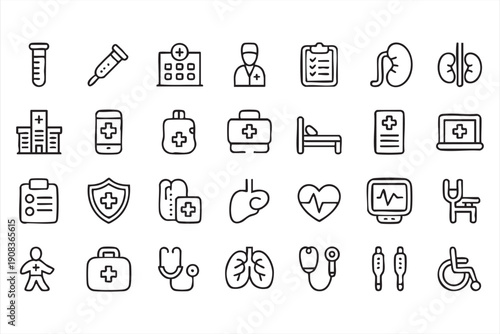 Medical healthcare line icon collection, hospital and doctor services