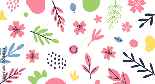 Vibrant floral pattern with colorful leaves and flowers in a lively illustration style