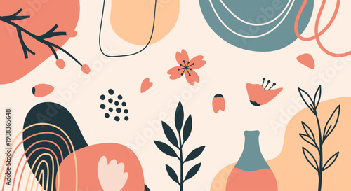 An artistic arrangement of abstract shapes and floral elements in a minimalist composition viewed from directly above