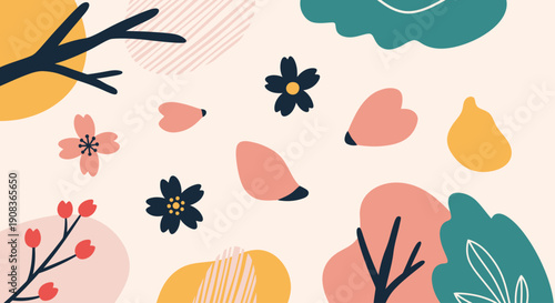 Colorful floral elements and branches in a lively abstract illustration from a close-up viewpoint