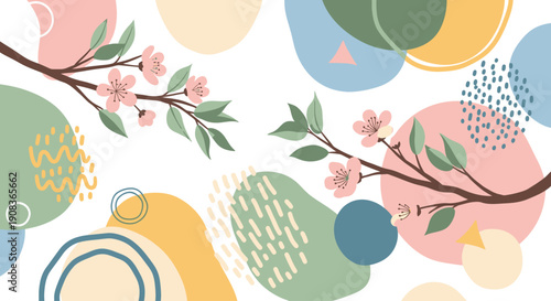 Vibrant floral branch with blossoms, leaves, and abstract shapes in a playful illustration