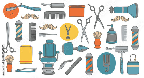Assorted grooming tools and accessories arranged neatly for a barber's workspace, showcasing various equipment and supplies for men's grooming needs