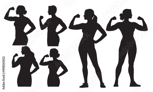 Vector set of various female silhouettes. Strong women. Confident women in athletic poses with toned muscles, standing with biceps on their arms. For feminist, sports, fitness, wellness, motivational