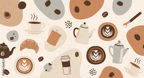 Assorted coffee cups, saucers, and pastries arranged on a table, surrounded by coffee beans and teapots, in a cozy cafe setting from a top-down viewpoint