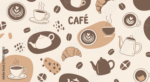 Variety of Coffee Cups and Coffee Beans in a Café Setting with Illustrations of Coffee Makers and Pastries