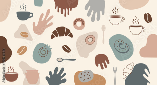 Assorted Coffee Cups and Pastries Illustration Featuring Various Hands and Utensils on a Cream Background from a Top-Down Viewpoint
