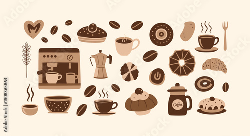 Assorted coffee illustrations including cups, beans, and machines, displayed from a flat, overhead viewpoint.
