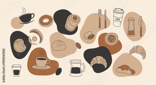 Assorted pastries and coffee cups are beautifully arranged on various plates and saucers in a collage of illustrations