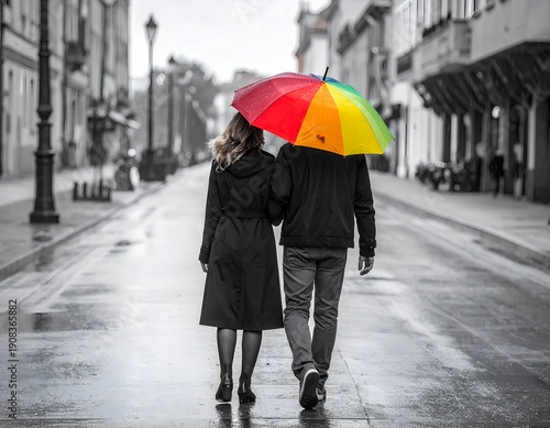 a man and a woman, under a colorful umbrella