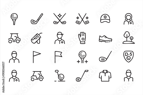 Golf sport line icon collection, player equipment and tournament