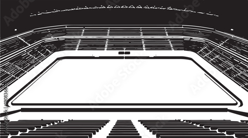 A detailed overhead view of a large, empty sports stadium with a track