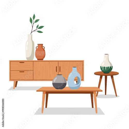 Mid-century modern living room with wooden furniture, vases, and coffee table