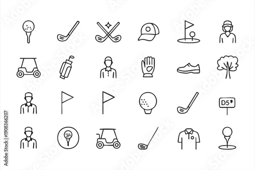 Outdoor recreation line icons, golf activity visuals