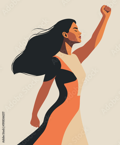 Women's Day, March 8, Equality Day. Vector illustration confident woman raising her fist in a gesture of strength, protest. For feminism, motivational posters, women's empowerment, freedom