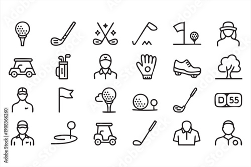 Golf game thin line symbols, swing, score and practice