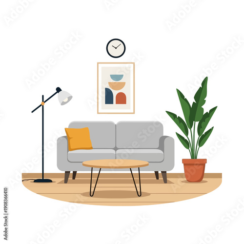 Cozy Living Room Interior with Sofa, Coffee Table, Floor Lamp, and Plant