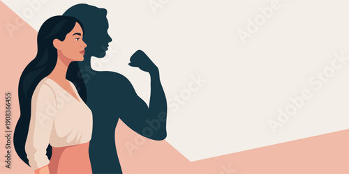 Women's Day, March 8th, Equality Day. Vector horizontal banner with space for text, confident woman next to her strong shadow. Women's empowerment, Freedom, feminist message. For inspiration posters