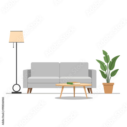 Modern Living Room Scene: Sofa, Coffee Table, Floor Lamp, and Plant