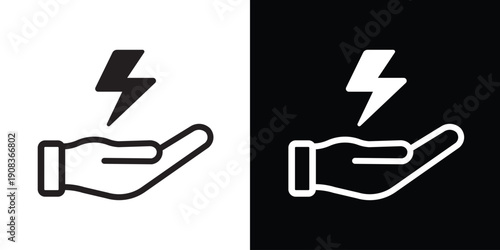 Hand holding a lightning bolt strike icon. Concept for energy management, power supply, fast charging, and innovative ideas. Clean vector graphic for utility and electrical service branding.