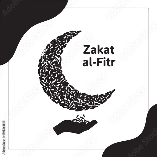 Illustration of a crescent moon filled with coins and a hand offering zakat al-fitr