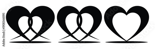 Three stylized black hearts, two interlocked, one separate, on a white background